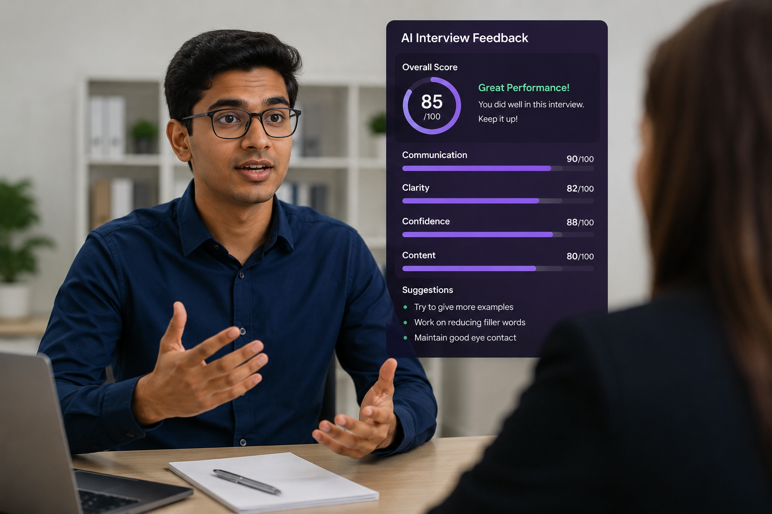 Fresher in interview with AI feedback report showing communication scores
